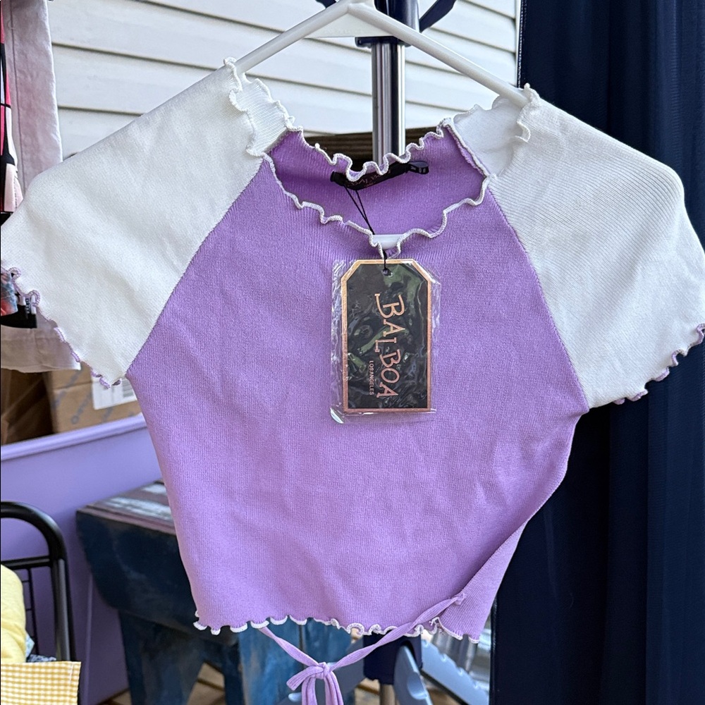NWT Balboa Girls' Medium Lavender & White Ruffle Tie-Back 1/2 back Top
